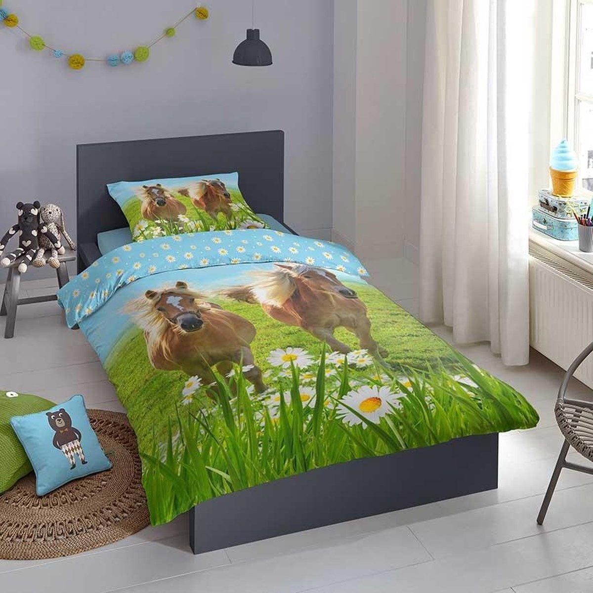 Good Morning dekbedovertrek Horses 140 x 220 cm katoen blauw