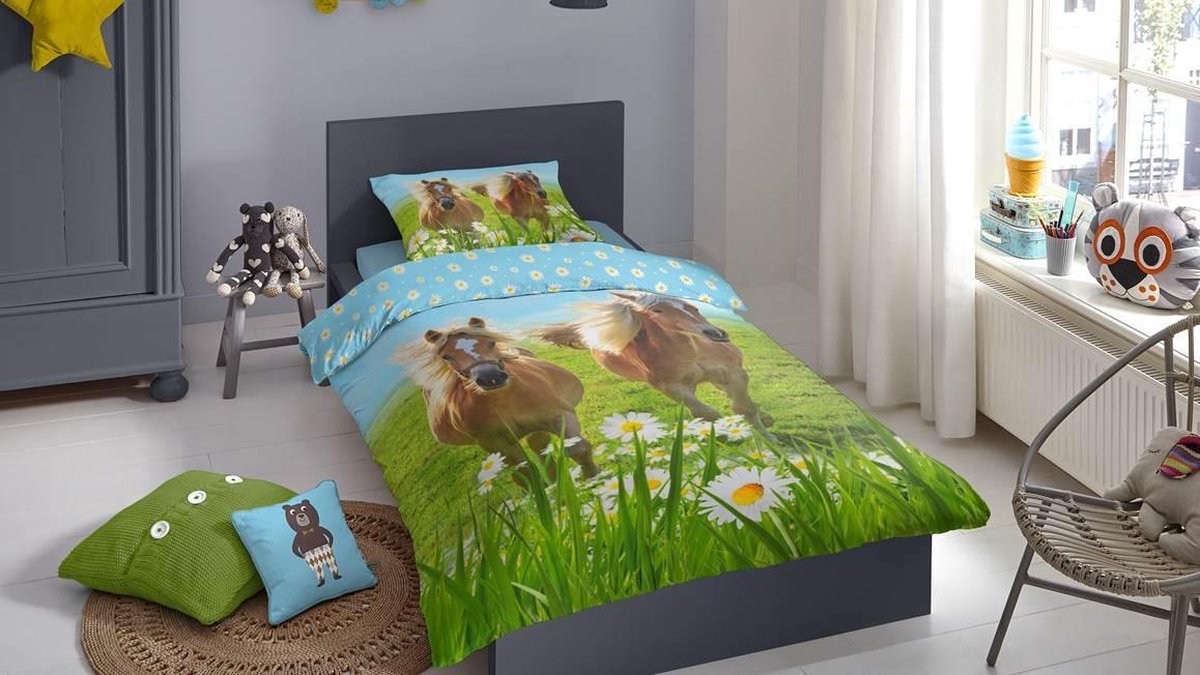 Good Morning dekbedovertrek Horses 140 x 220 cm katoen blauw