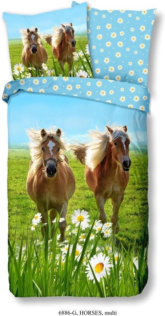 Good Morning dekbedovertrek Horses 140 x 220 cm katoen blauw
