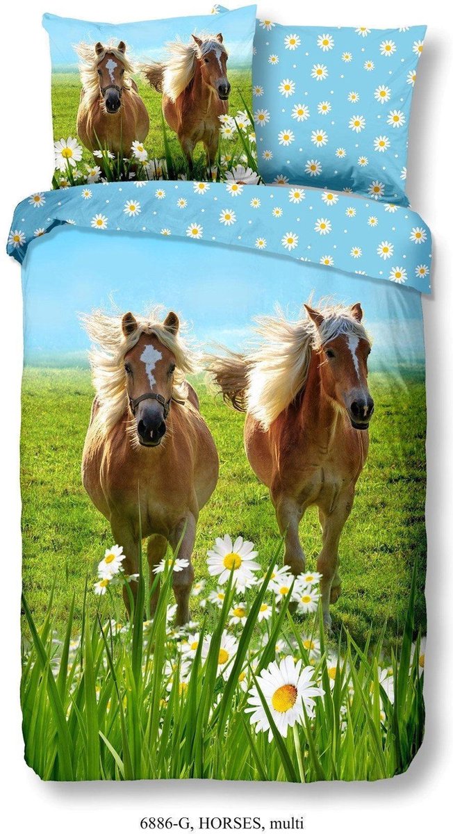 Good Morning dekbedovertrek Horses 140 x 220 cm katoen blauw