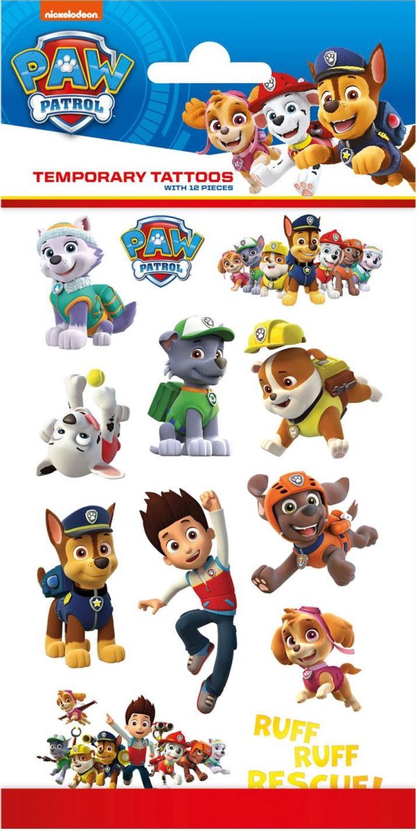 Nickelodeon tijdelijke tattoos Paw Patrol junior 12 stuks