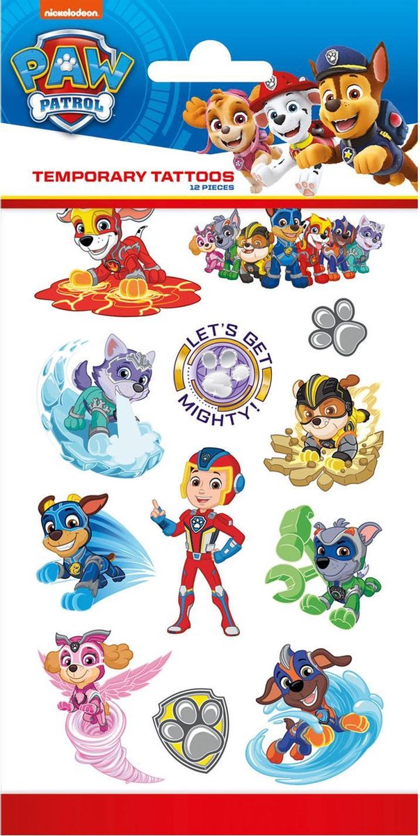 Nickelodeon tijdelijke tattoos Mighty Pups Paw Patrol 12 stuks