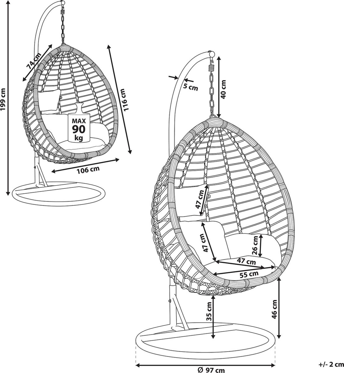 Beliani Tollo Hangstoel Met Standaard Pe Rotan 97 X 106 Cm - Zwart