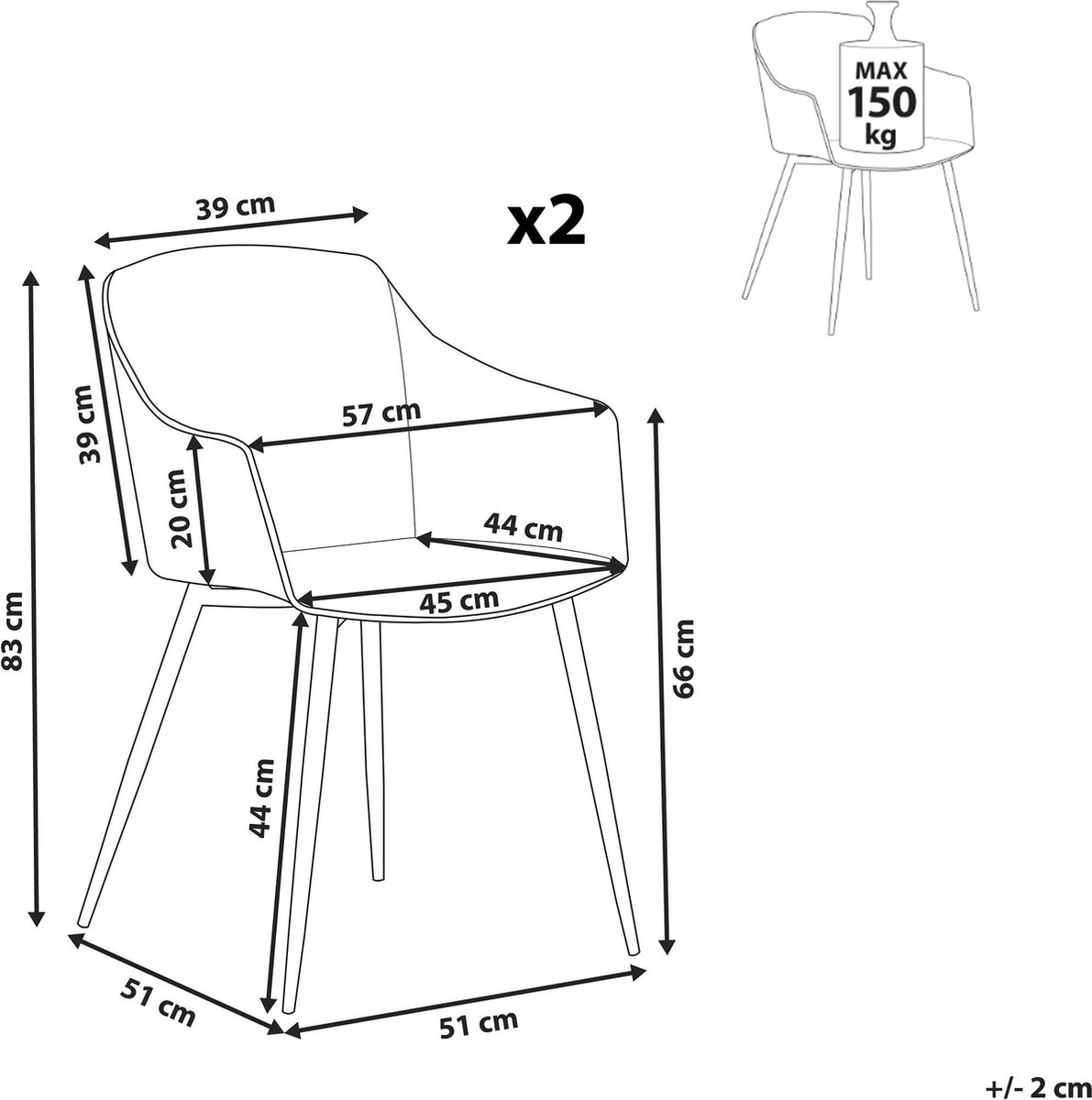 Beliani Fonda Eetkamerstoel Set Van 2 Synthetisch Materiaal 51 X 57 Cm - Zwart