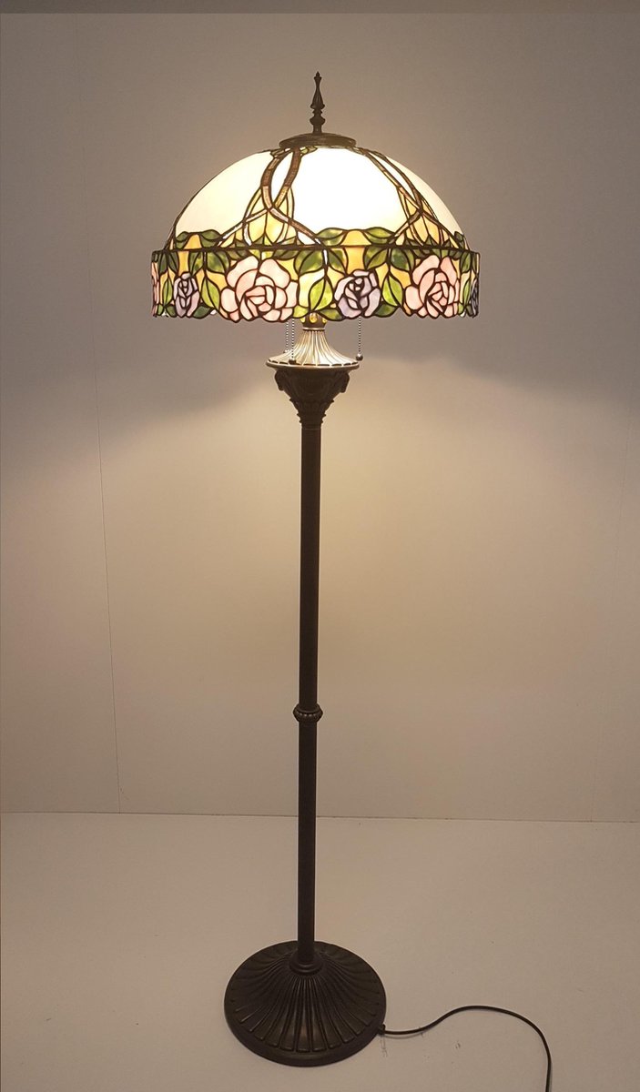Clayre & Eef Vloerlamp Met Tiffany Kap Compleet 164 X ø 50 Cm -, Zwart, Ivory, Multi Colour - Ijzer, Glas - Roze