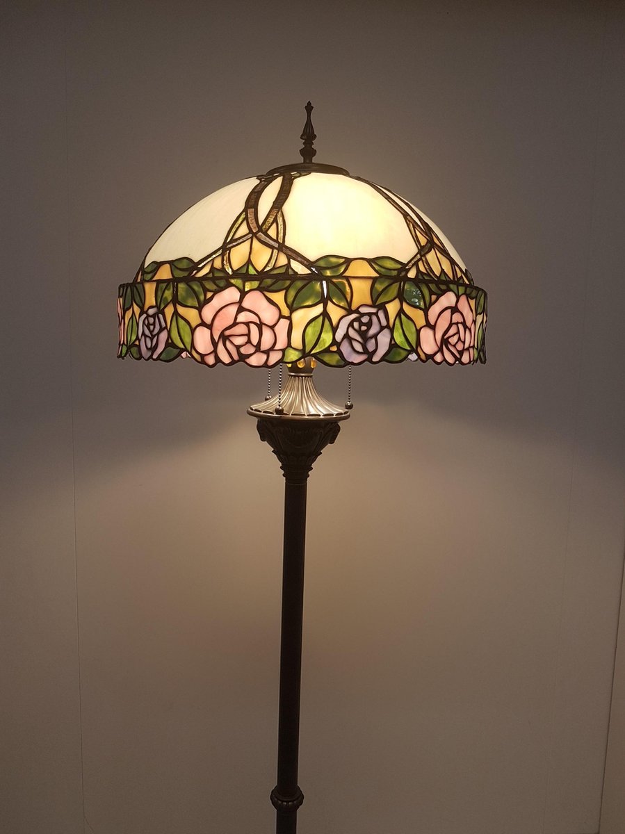 Clayre & Eef Vloerlamp Met Tiffany Kap Compleet 164 X ø 50 Cm -, Zwart, Ivory, Multi Colour - Ijzer, Glas - Roze