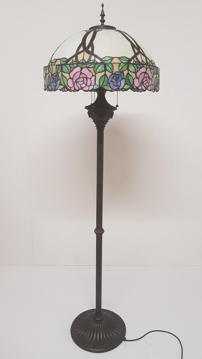 Clayre & Eef Vloerlamp Met Tiffany Kap Compleet 164 X ø 50 Cm -, Zwart, Ivory, Multi Colour - Ijzer, Glas - Roze