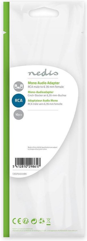 Nedis CAGP24933BK mono audioadapter RCA male - 6.35mm female (set van 10) - Zwart