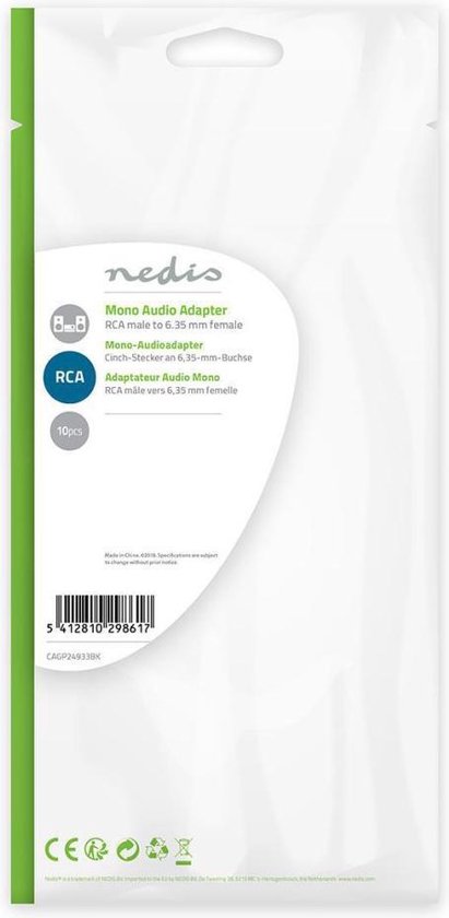 Nedis CAGP24933BK mono audioadapter RCA male - 6.35mm female (set van 10) - Zwart