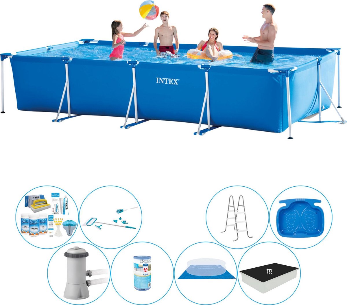 Intex Zwembad Pakket - Frame Pool Rechthoekig 450x220x84 Cm - Blauw