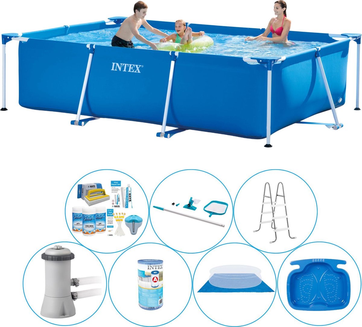 Intex Frame Pool Rechthoekig 300x200x75 Cm - 8-delig - Zwembad Bundel - Blauw