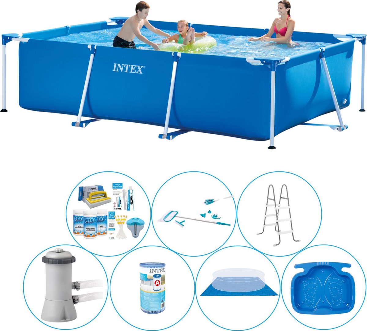 Intex Frame Pool Rechthoekig 300x200x75 Cm - 8-delig - Alles In 1 Zwembad Pakket - Blauw