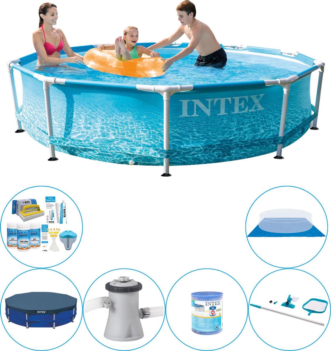 Intex Zwembad Combi Deal - Metal Frame Rond Strandzijde 305x76 Cm - Blauw