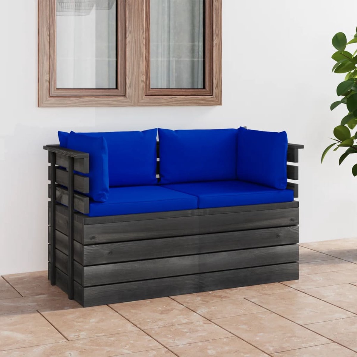 Vidaxl Tuinbank 2-zits Met Kussens Pallet Massief Grenenhout - Blauw