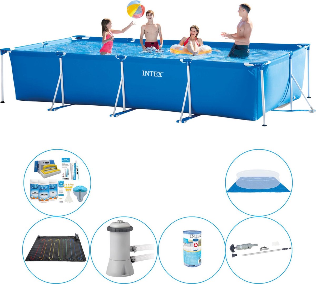 Intex Zwembad Plus Accessoires - 7-delig - Frame Pool Rechthoekig 450x220x84 Cm - Blauw