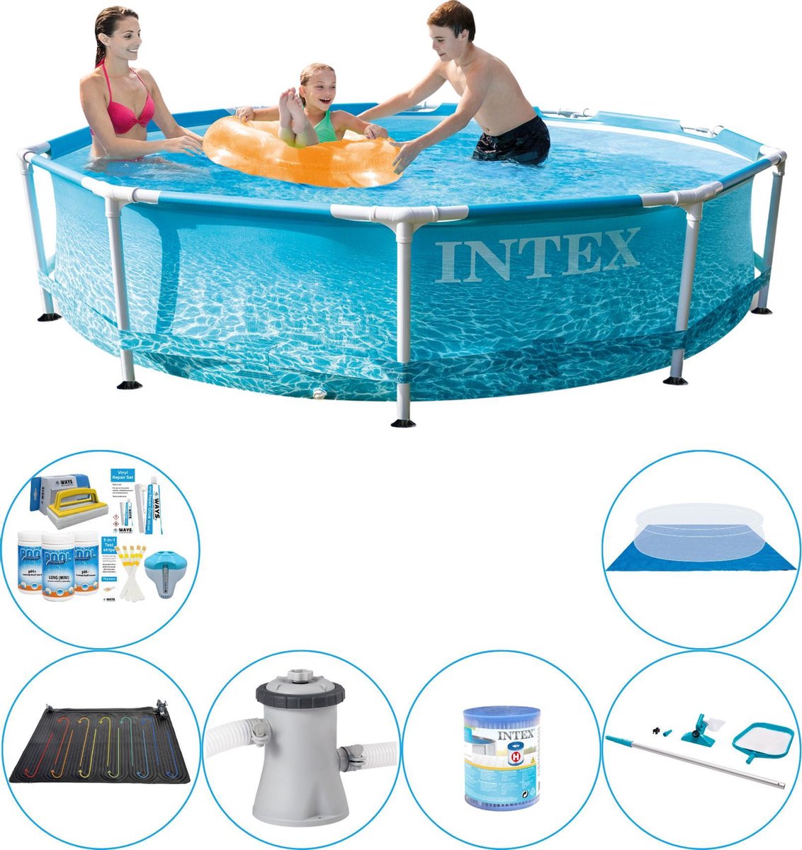 Intex Zwembad Pakket - 7-delig - Metal Frame Rond Strandzijde 305x76 Cm - Blauw