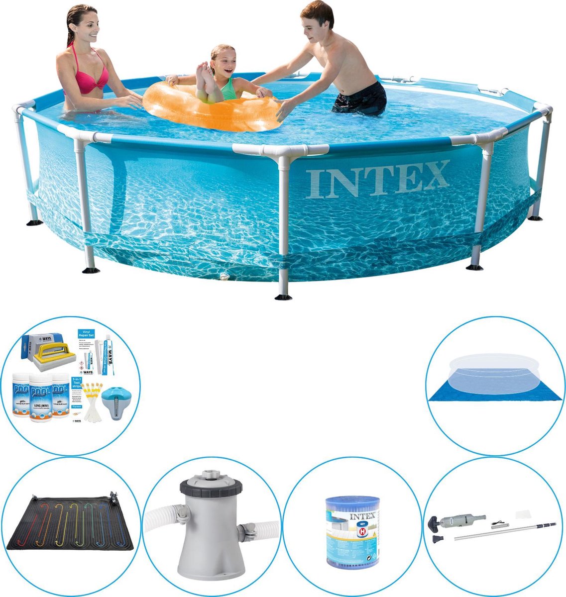 Intex Zwembad Deal - 7-delig - Metal Frame Rond Strandzijde 305x76 Cm - Blauw