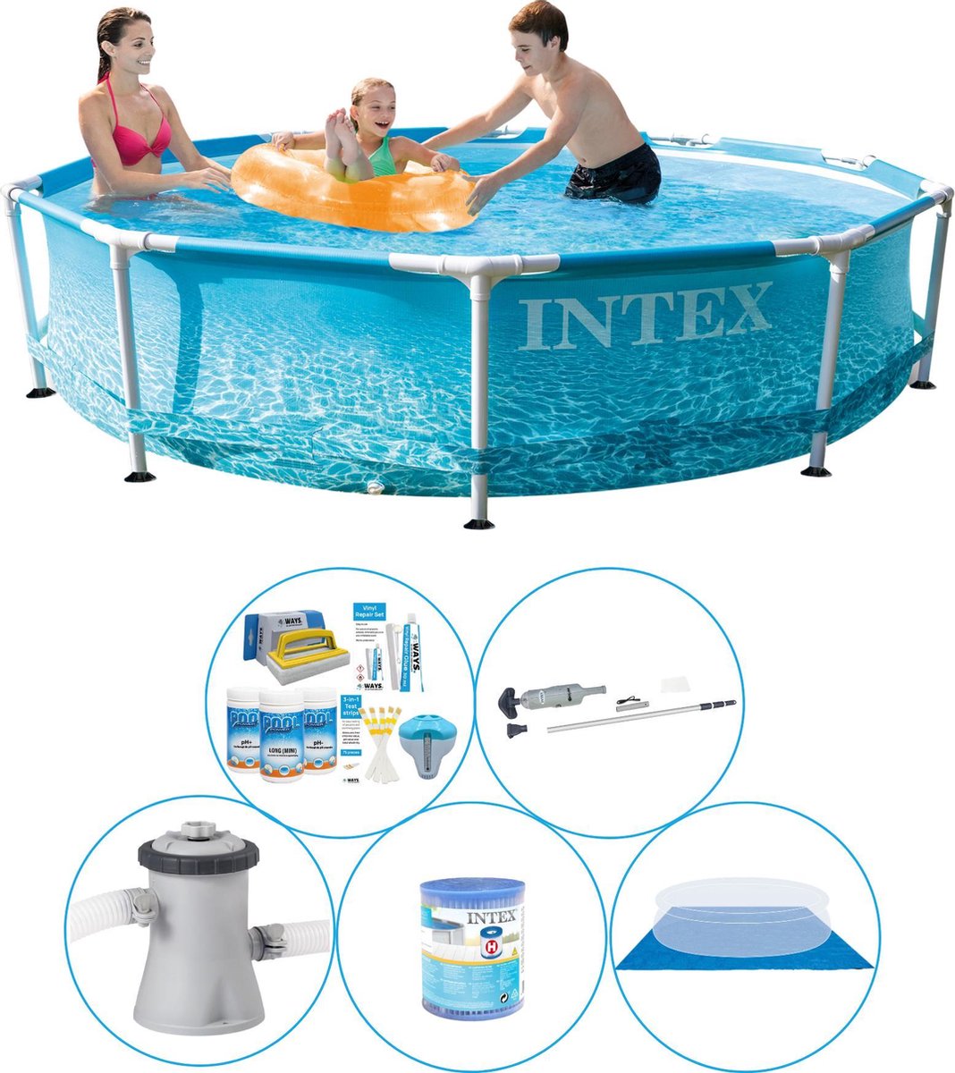 Intex Zwembad Inclusief Accessoires - 6-delig - Metal Frame Strandzijde 305x76 Cm - Blauw