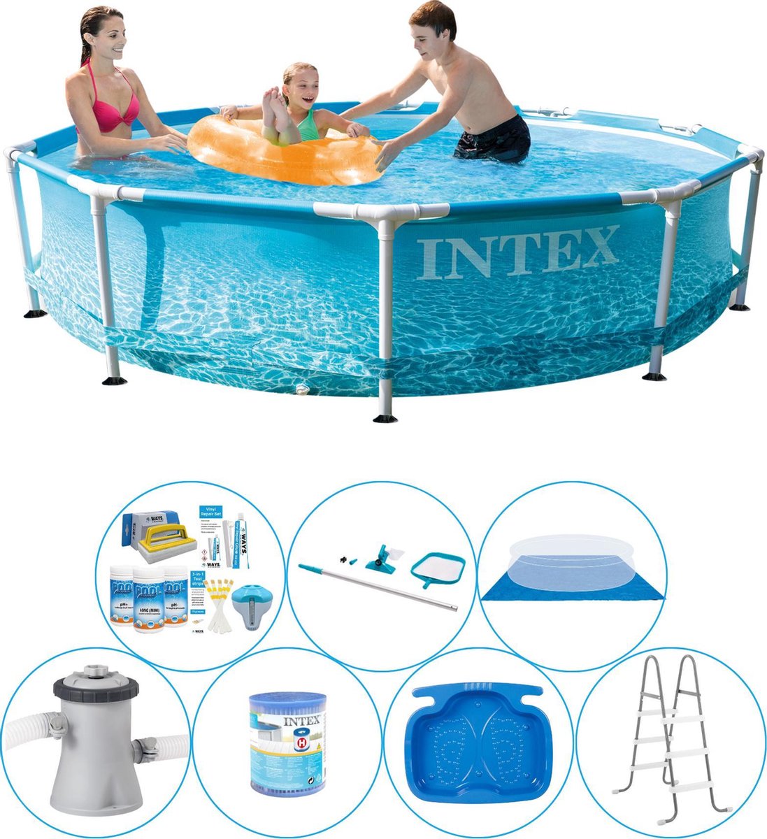 Intex Zwembad Bundel - 8-delig - Metal Frame Rond Strandzijde 305x76 Cm - Blauw