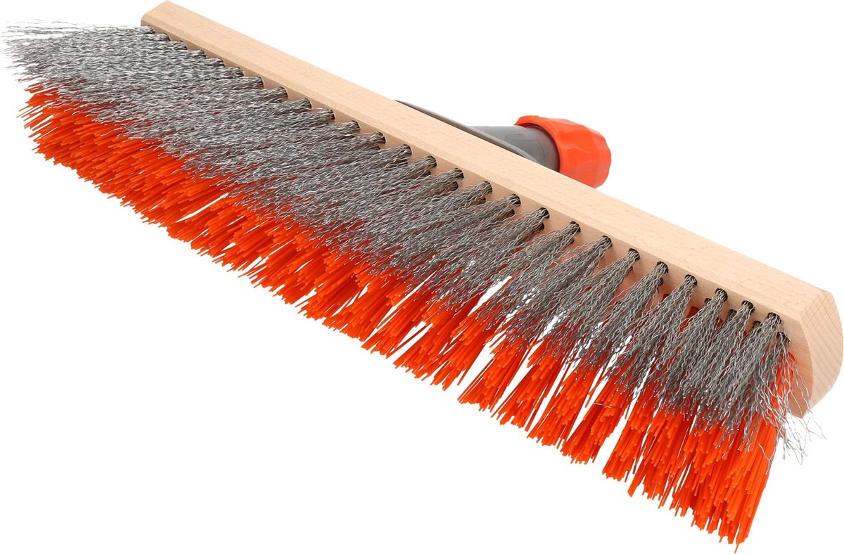 Brumag Houten Harde Staaldraad Straatbezem/buitenbezem Groen/grijs 40 Cm Met Telescoopsteel 1.40 Meter - Oranje