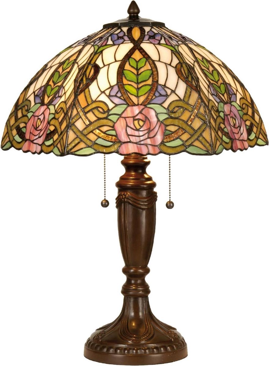Clayre & Eef Tafellamp Tiffany Rozen Compleet 61 X ø 47 Cm -,, Roze, Multi Colour - Ijzer, Glas - Bruin
