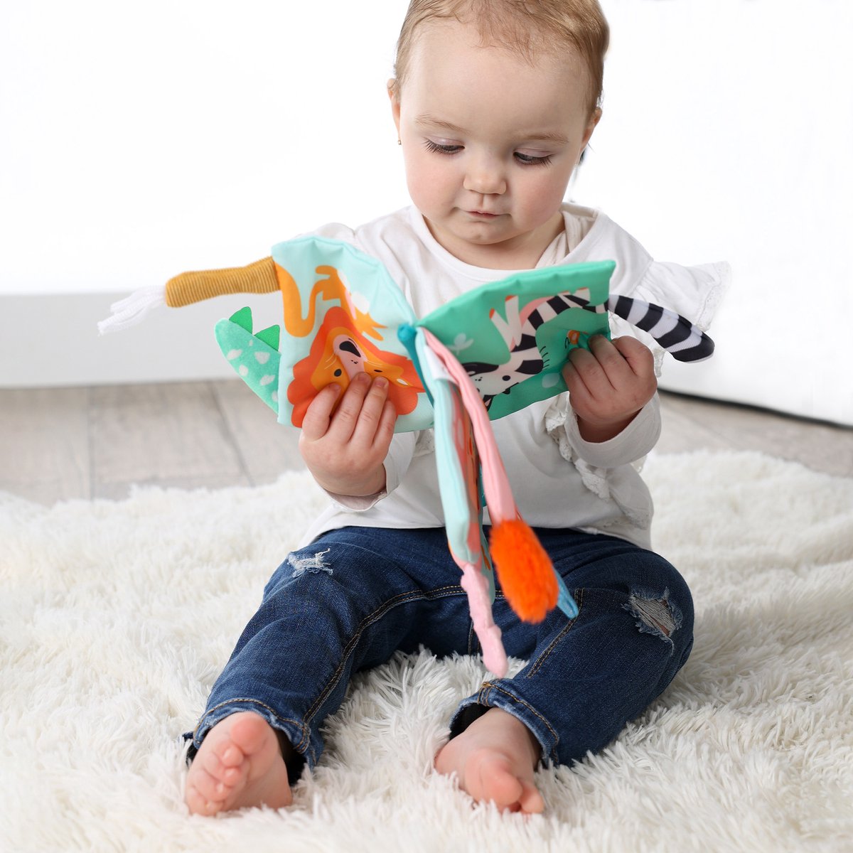 Ses dierenstaarten boek Sensory junior 24 cm pluche lichtblauw