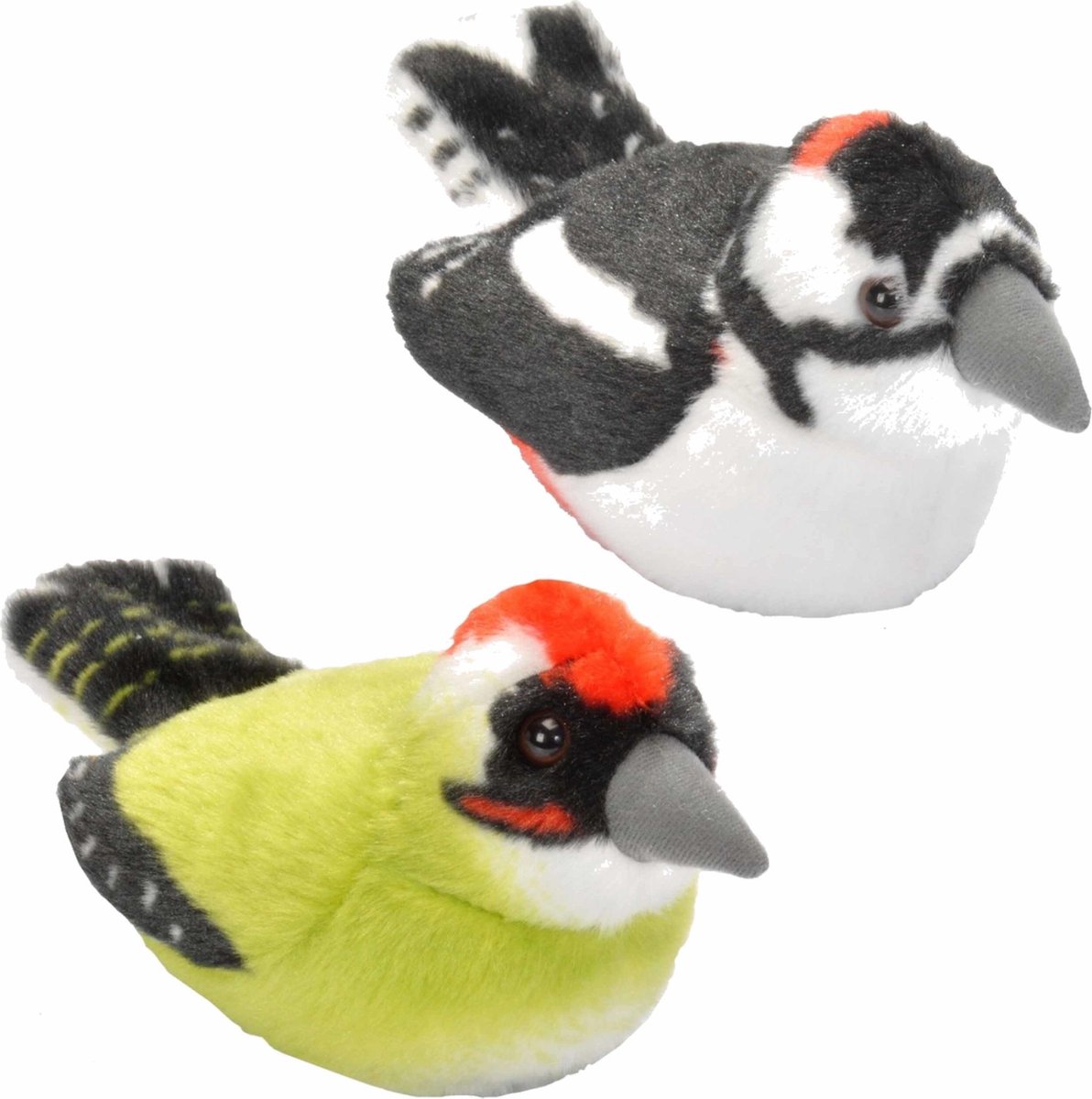 Wild Republic Set Van 2x Stuks Pluche Vogels Knuffels Van 14 Cm Met Geluid -e Specht En Grote Bonte Specht - Speelgoed Dieren - Groen