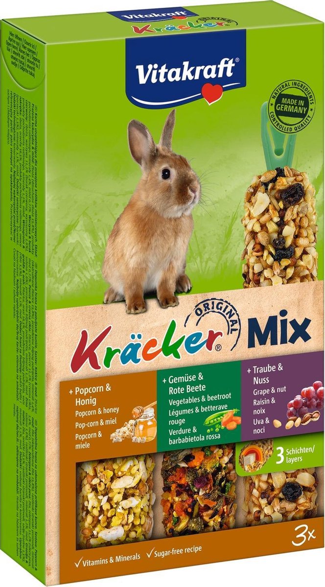 Vitakraft Konijn Kracker 3in1 - Konijnensnack - Musli&te&Popcorn - Groen