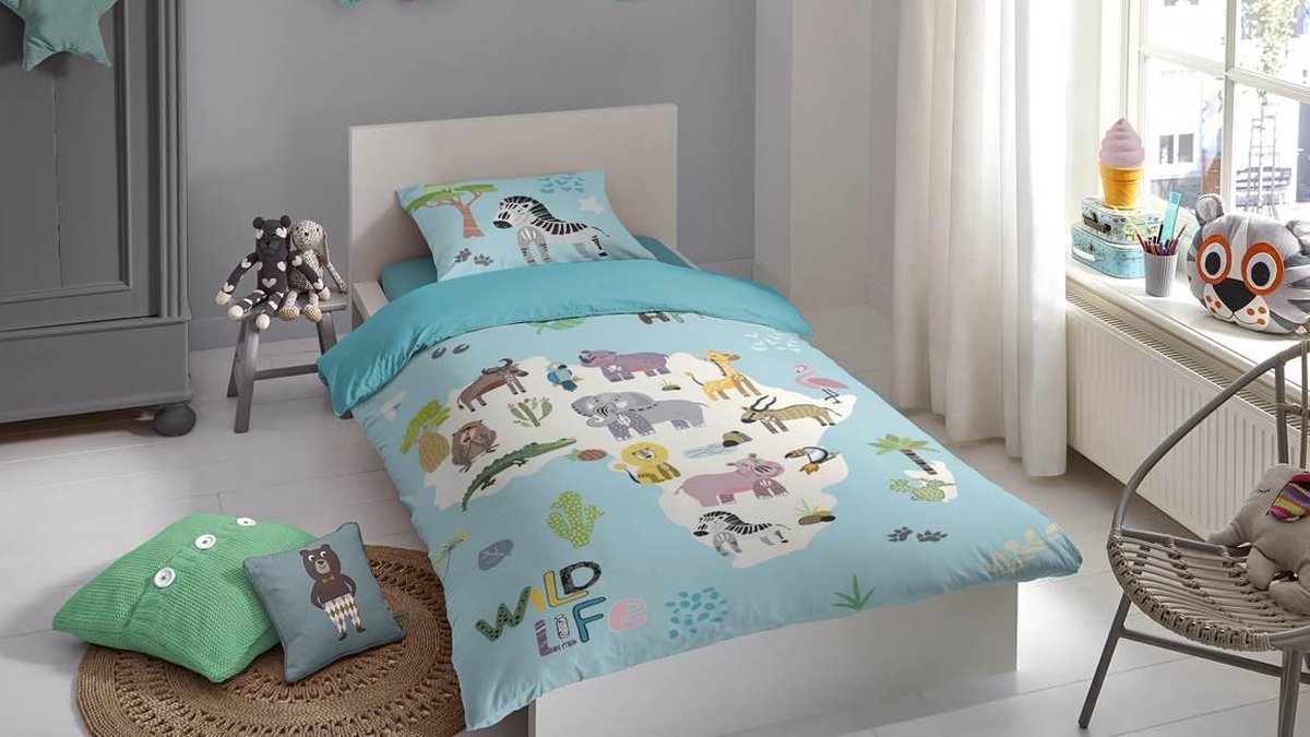 Good Morning dekbedovertrek Wildlife 140 x 200 cm katoen aqua - Blauw