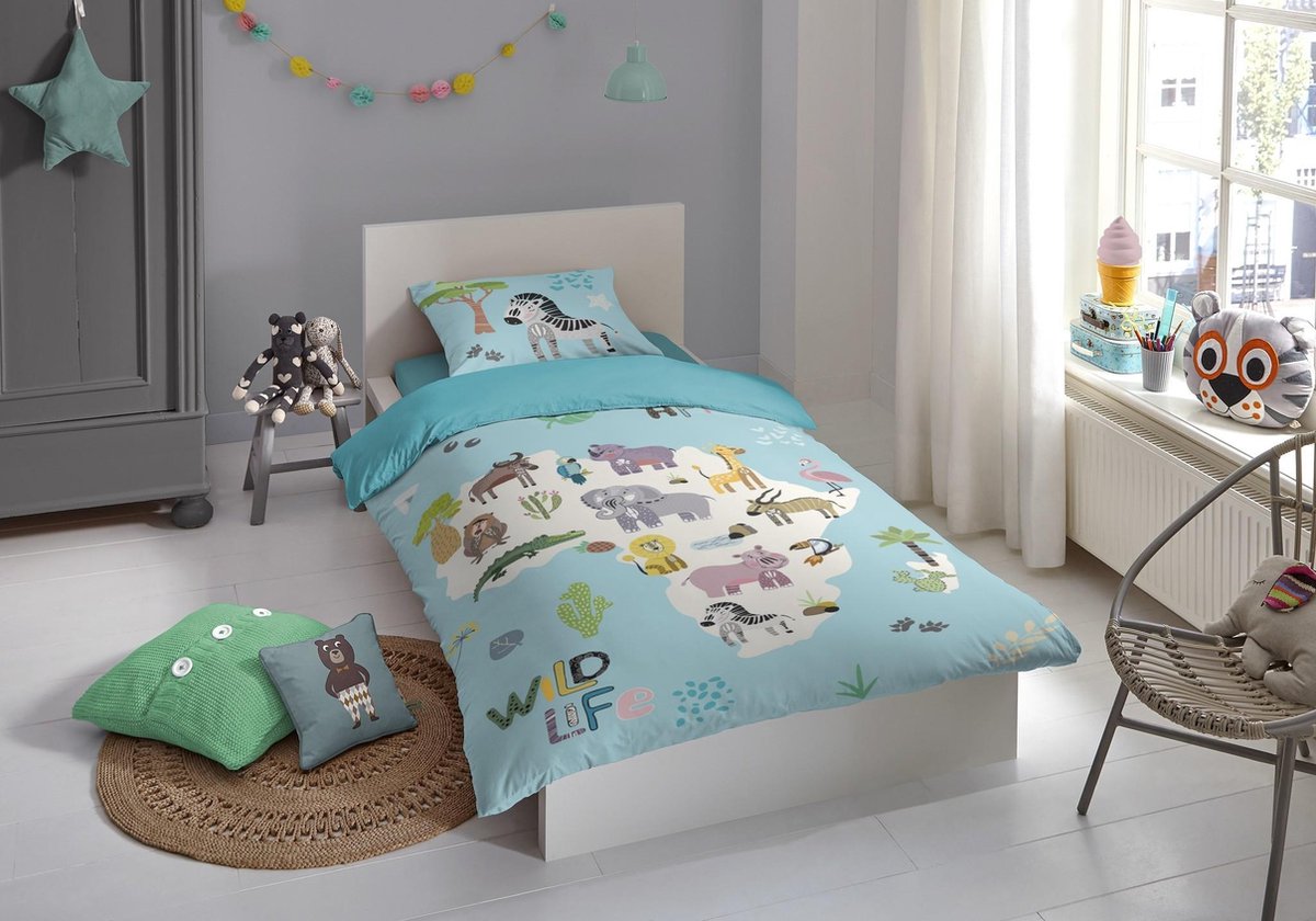 Good Morning dekbedovertrek Wildlife 140 x 200 cm katoen aqua - Blauw