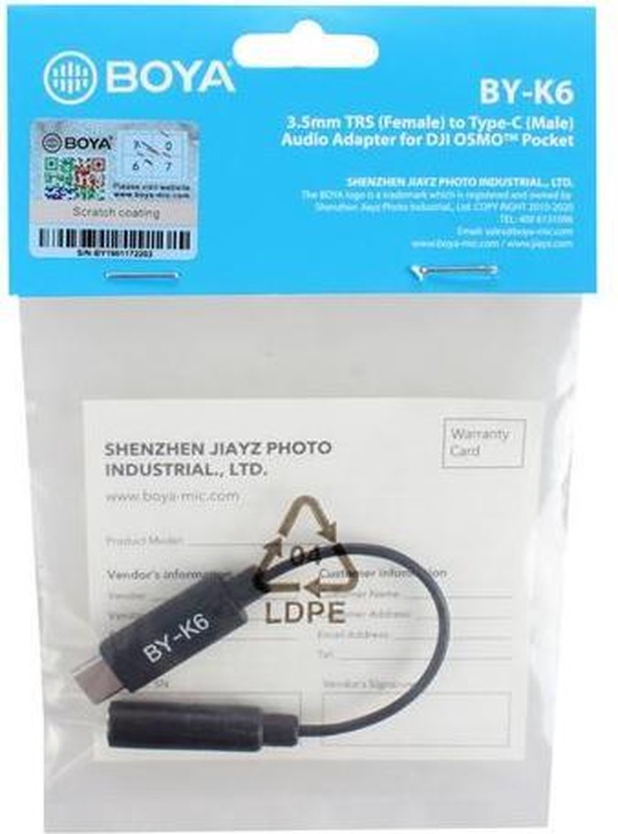 Boya BY-K6 3.5 mm TRS adapter voor DJI Osmo Pocket - Zwart