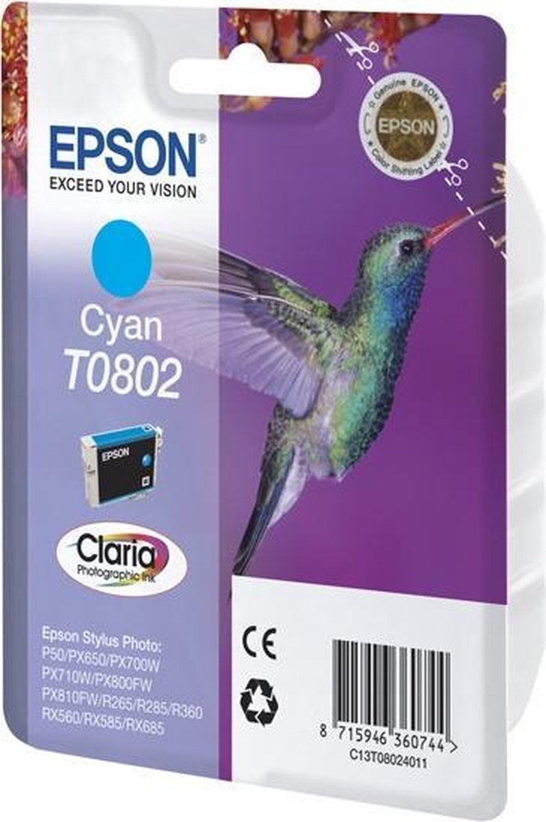 Epson Hummingbird Singlepack Cyan T0802 Claria Photographic Ink