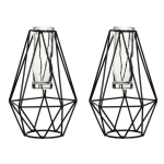Mica Decorations 2x Stukse Metalen Diamant Draad Vaasjes Met Glas 11 X 10 X 17 Cm - Kleine Vaasjes Voor Bloemen - Zwart