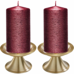 Trend Candles Set Van 2x Donkerrode Cilinderkaarsen/stompkaarsen 7 X 13 Cm Met 2x Gouden Metalen Kaarsenhouders - Rood