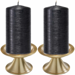 Trend Candles Set Van 2xe Cilinderkaarsen/stompkaarsen 7 X 13 Cm Met 2x Gouden Metalen Kaarsenhouders - Zwart