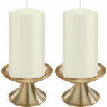 Trend Candles Set Van 2x Ivoorte Cilinderkaarsen/stompkaarsen 8 X 15 Cm Met 2x Gouden Metalen Kaarsenhouders - Wit