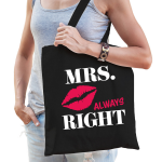 Bellatio Decorations Mrs Always Right Katoenen Tasje Met Lippen Heren - Cadeau Bruiloft/ Vrijgezellen Feest Dames - Zwart