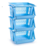 Forte Plastics 3xe Opberg Kratten/kasten/organizers 3 Vakken 62 X 32 Cm - Stapelbare Manden/bakken Om Spullen In Op Te Bergen - Blauw