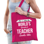 Bellatio Decorations Worlds Greatest Teacher Lerares Cadeau Tas Voor Dames - Feest Boodschappentassen - Roze