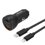 Philips Autolader Usb A-c - Dlp2521c/04 Incl. Usb-c-lightning Oplaadkabel - Iphone Oplader - 36w Fast Charge - Zwart