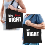 Bellatio Decorations Katoenen Tassen Mrs Always Right En Mr Right Volwassenen - Feest Boodschappentassen - Zwart