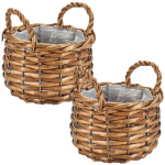 Set Van 2x Stuks Bloempotten/plantenbakken Riet/rotan Mand Met Handvaten Rond 15 X 14 Cm - Plantenbakken - Bruin