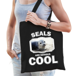 Bellatio Decorations Katoenen Tasje Seals Are Serious Cool - Zeehonden/ Grijze Zeehond Cadeau Tas - Feest Boodschappentassen - Zwart