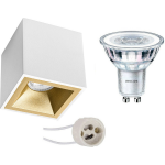 BES LED Opbouwspot Set - Pragmi Cliron Pro - Gu10 Fitting - Opbouw Vierkant - Mat/goud - Verdiept - 90mm - Philips - Corepro - Wit