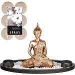 Boeddha Beeld Voor Binnen 33 Cm Met 12x Geurkaarsen Cotton Blossom - Buddha Beeldje Met Theelichtjes/waxinelichtjes - Silver