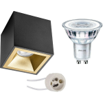 BES LED Opbouwspot Set - Pragmi Cliron Pro - Gu10 Fitting - Opbouw Vierkant - Mat/goud - Verdiept - 90mm - Philips - - Zwart