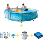 Intex Zwembad - Metal Frame - Strandzijde - 305 X 76 Cm - Inclusief Ways Onderhoudspakket, Filterpomp & Grondzeil - Blauw