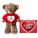Knuffel Teddybeer 24 Cm Met Rood Shirt I Love You Hartje - Met Valentijnskaart A5 - Valentijn/ Romantisch Cadeau - Bruin