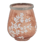 Clayre & Eef Glazen Theelichthouder Ø 9*10 Cm Wit, Glas, Metaal Rond Bloemen Waxinelichthouder Windlichthouder - Roze