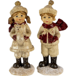 Clayre & Eef Kerstdecoratie Beeld Set Van 2 Kinderen 4*4*11 Cm, Rood Kunststof Decoratief Figuur Decoratieve - Beige